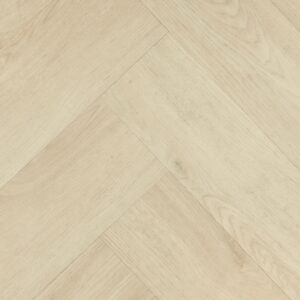Bovenaanzicht van de Hebeta HB Chablis Visgraat XL 57854 Click pvc-vloer. De afbeelding toont brede stroken gelegd in een strak visgraatpatroon in een egale, heldere witbeige naturel eiken houtlook zonder noesten.