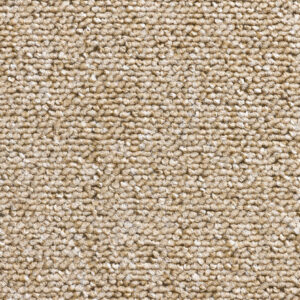 Close-up van een bouclé tapijt met een matte afwerking. De afbeelding toont een gedetailleerde weergave van de regelmatige lussenstructuur waarin beige, zandkleurige en crèmewitte garen subtiel met elkaar zijn verweven tot een natuurlijke, warme textuur.
