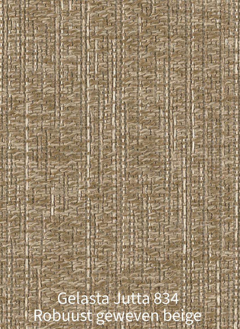 Groot verloop van de onregelmatige, verticaal gestreepte weefstructuur van Gelasta Jutta 834 tapijt in een robuust geweven beige en goudbruine sisal-look.