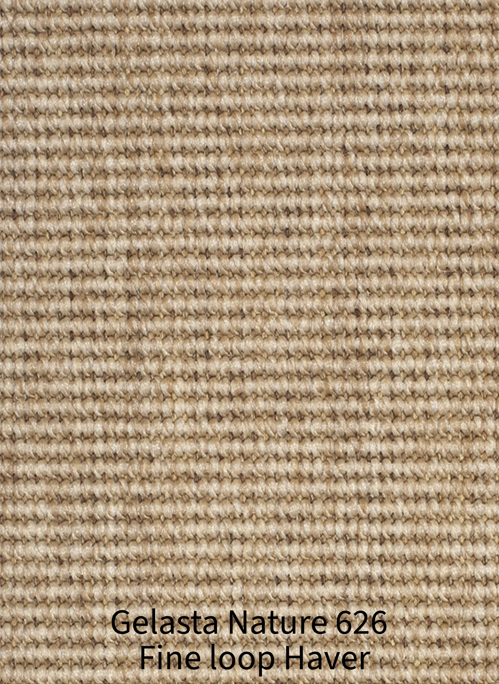 Een gedetailleerde macro-opname die de dichte en fijne lussenpool (fine loop) van een kamerbreed tapijt of karpet toont. De kleur is een natuurlijke, gemêleerde havertint opgebouwd uit beige, zand en subtiele lichte bruintinten. Het materiaal is strak en gelijkmatig horizontaal geweven, wat zorgt voor een fijne, rustige structuur met een voelbaar reliëf. Onderaan de afbeelding staat in duidelijke zwarte letters de productnaam gecentreerd vermeld: "Gelasta Nature 626 Fine loop Haver". De algehele uitstraling doet denken aan een hoogwaardige, natuurlijke sisalmat.