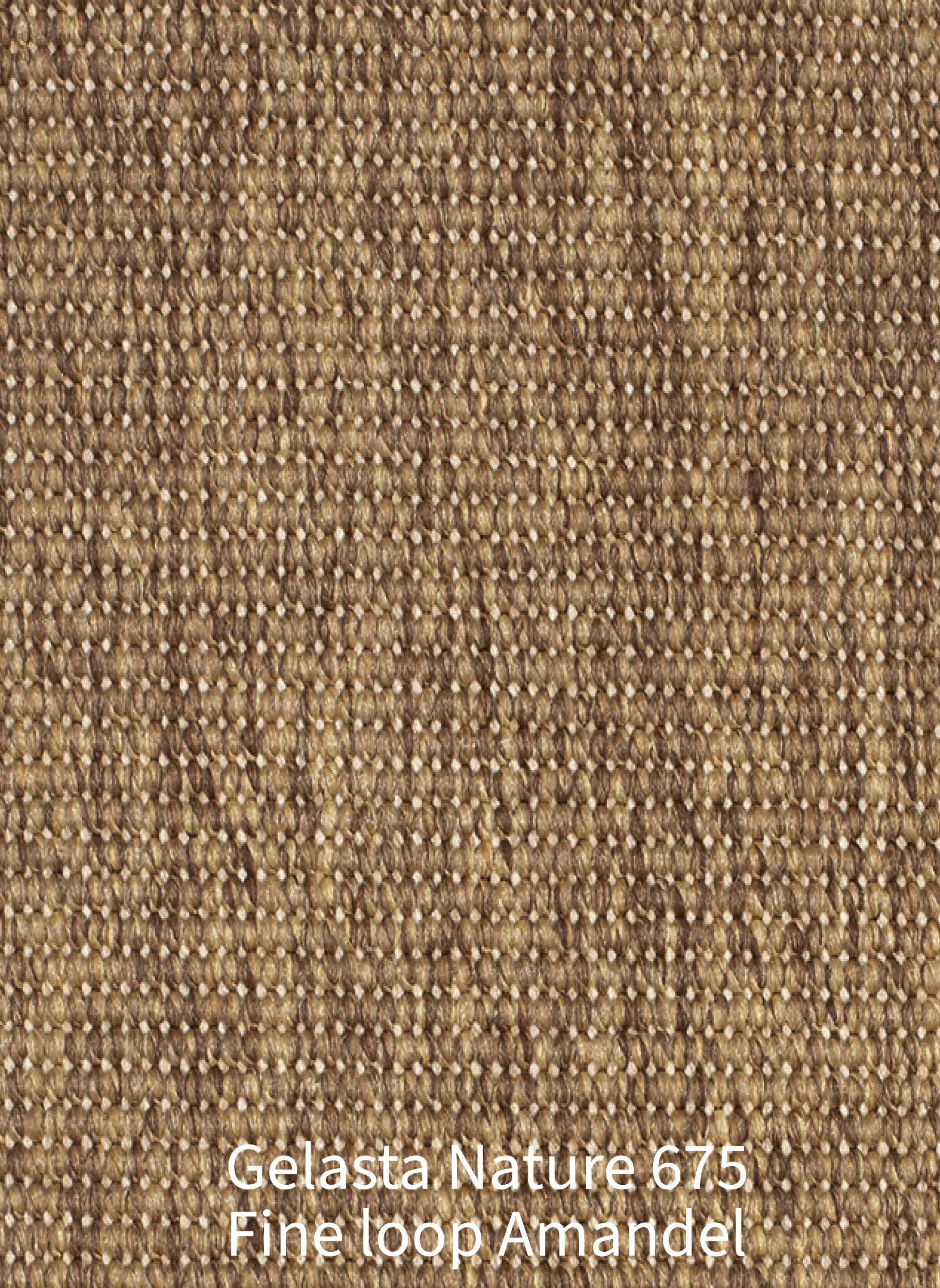 Een gedetailleerde close-up opname van de dichte en gelijkmatige lussenstructuur (fine loop) van een kamerbreed tapijt. De kleur is een warme, gemêleerde middenbruine amandeltint, nauwkeurig samengesteld uit beige, okerbruine en donkerbruine garens met kleine, natuurlijke lichtreflecties. Het materiaal is strak en banenwijd in een horizontaal patroon geweven, wat zorgt voor een levendig en natuurlijk reliëf. Onderaan de afbeelding staat in goed leesbare, witte letters de productnaam horizontaal gecentreerd weergegeven: "Gelasta Nature 675 Fine loop Amandel".