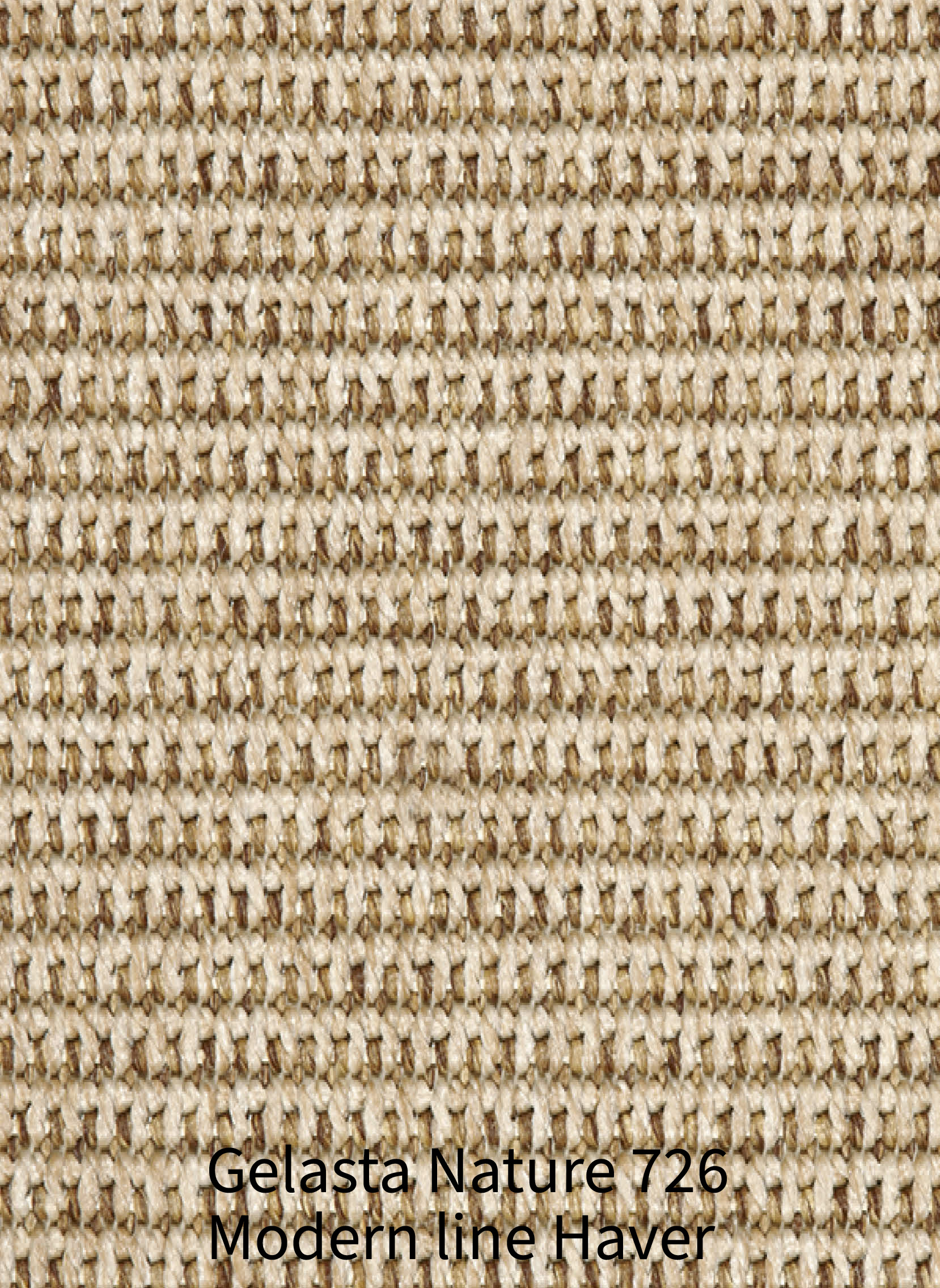 Een gedetailleerde macro-opname die de uitgesproken en stoere structuur van de "Modern line" weeftechniek laat zien. Het tapijt heeft een natuurlijke, gemêleerde havertint, opgebouwd uit een harmonieuze mix van beige, zand en warme bruintinten. De structuur onderscheidt zich door een open, verticaal georiënteerd geweven patroon waarin dikke en dunne draden elkaar kruisen, wat zorgt voor een robuust reliëf met duidelijke dieptewerking en schaduwen. Onderaan de afbeelding is in duidelijke zwarte letters de productnaam gecentreerd geplaatst: "Gelasta Nature 726 Modern line Haver".